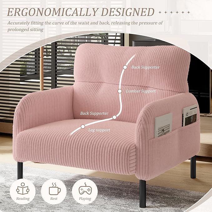 Pink Accent Chair - Corduroy Living Room Chairs with Side Storage Pockets and Durable Legs Comfy Arm Reading Chair with Soft Backrest for Bedroom Balcony Study Room