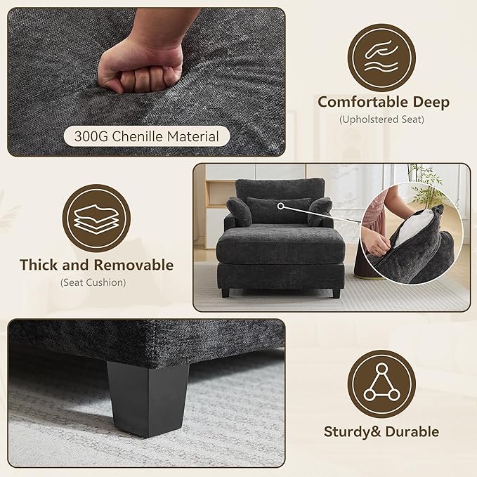 57.5 Oversized Chaise Lounge with Ottoman Indoor Grey Reading Chair with Ottoman &amp Sofa Bed Chenille Upholstered Comfy Sleeper Chair for Living Room Bedroom Office