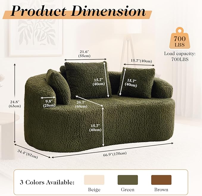 Curved Couch Loveseat Sofa Luxury Deep Seat Loveseat Sofa Couch for Small Place Modern Cloud Couch Floor Couch with 3 Pillows for Living Room &amp Bedroom No Assembly Required (Green)