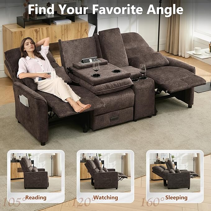 Reclining Loveseat Sofa 3 Seat Manual Recliner Couch with Flip Middle Backrest Console Wall Hugger Storage Drawer &amp Cup Holder for RV &amp Living Room Seating (Brown 3 seat &amp Console)