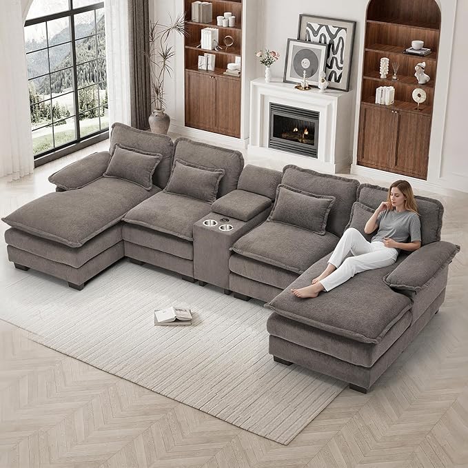 133 Oversized U Shaped Cloud Couch Modular Sectional Couches for Living Room Comfy Chenille Deep Seat Sofa Set with Double Chaise Lounge Storage Central Console Cup Holders USB Port Stone Grey