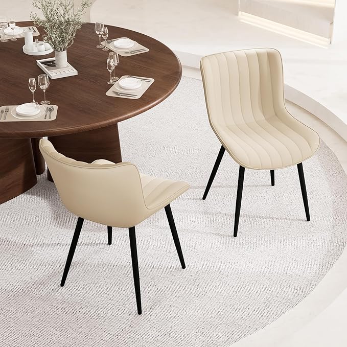 YOUNUOKE Mid-Century Modern Dining Chairs Set of 2 Beige PU Leather Upholstered Kitchen Chairs with Black Metal Legs Armless Accent Chair for Dining Room Guest Reception Room