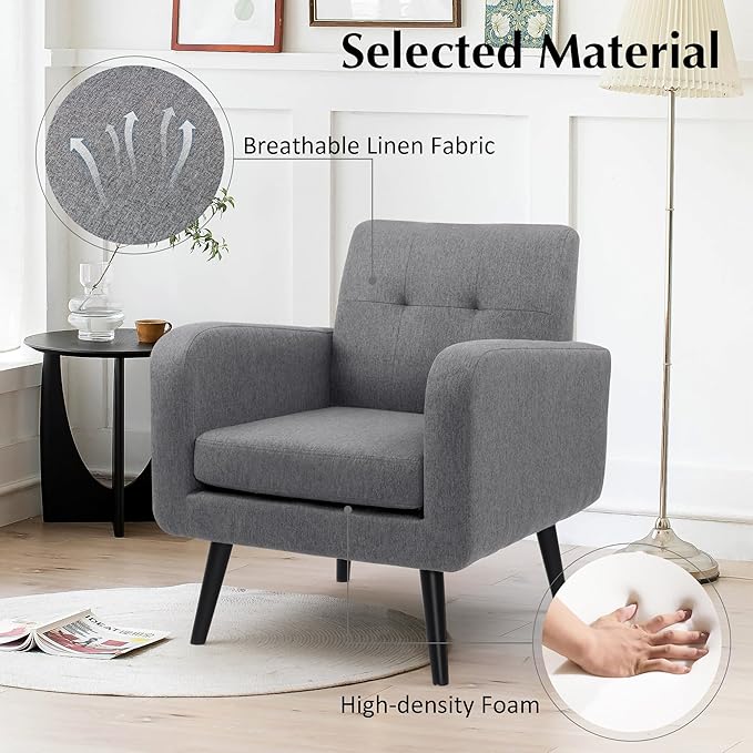 LSSPAID Modern Accent Chairs Upholstered Fabric Cozy Armchairs Living Room Side Chair with Solid Wood Legs Gray