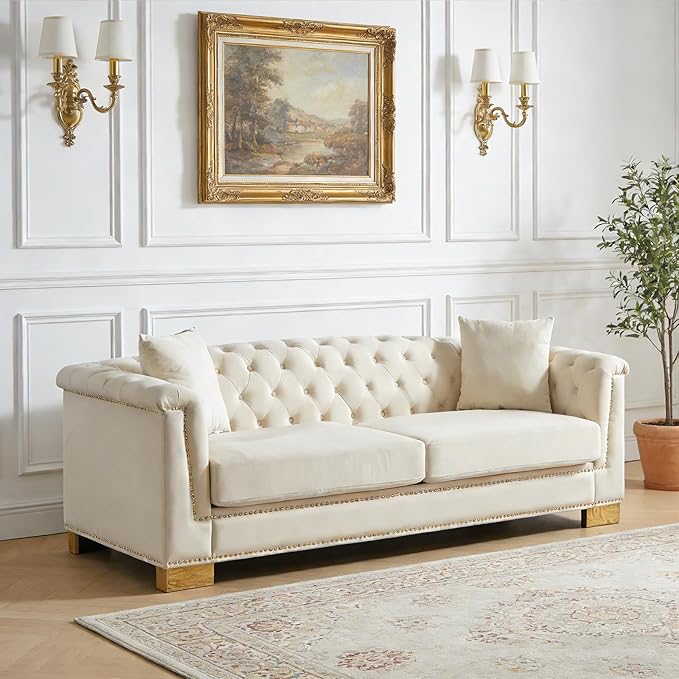 84 Chesterfield Sofa 3 Seater Tufted Velvet Couch with Rolled Arms Mid Century Modern Love Seat with Nailhead Trim&ampRemovable Cushions&ampGold Block Legs Comfy Deep Seat Couches for Living Roo