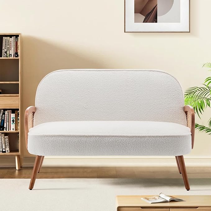 WENTMENT Loveseat Sofa Small Couch for Living Room Teddy Love Seat with Natural Rattan Armrest and Solid Wooden Legs Small Sofa for Small Space Bedroom Apartment（White）