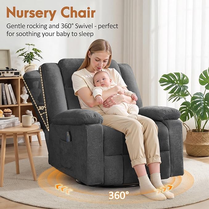 Rocker Recliner Chair for Adults 360° Swivel Rocker Recliner with Massage and Heating Nursery Rocking Chairs with Side Pockets Manual Reclining Chair for Living Room Bedroom or Nursery
