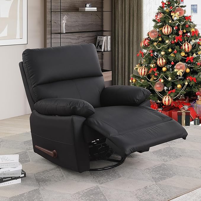 Manual Recliner Chair with Lever Handle 360° Swivel Elderly Rocker Recliner Chairs Single Seat upholstered Recliner Sofa Chair for Living Room Apartment (Black)