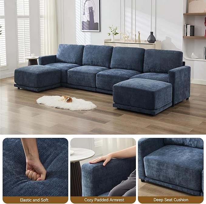 110.6 L Shaped Modular Sectional Sofa Modern Chenille Comfy Couch with Thickened Seat Cushions Easy Assembly Upholstered 4 Seater Couch with Movable Ottoman for Living Room Blue