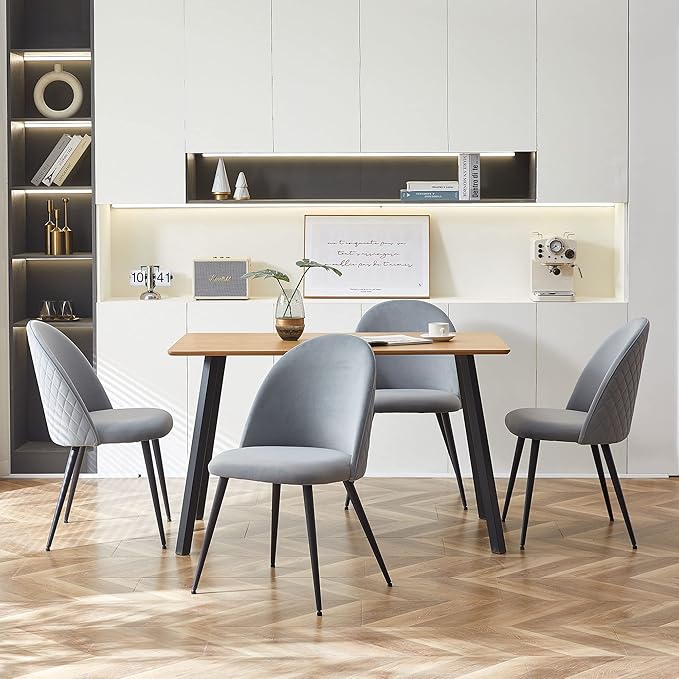 Dining Chair Set of 4Modern Gray Reception Guest Chairs Upholsered for Kitchen Apartment Elegant Velvet Living Bedroom Side Chairs with Curved Backrest Metal Legs