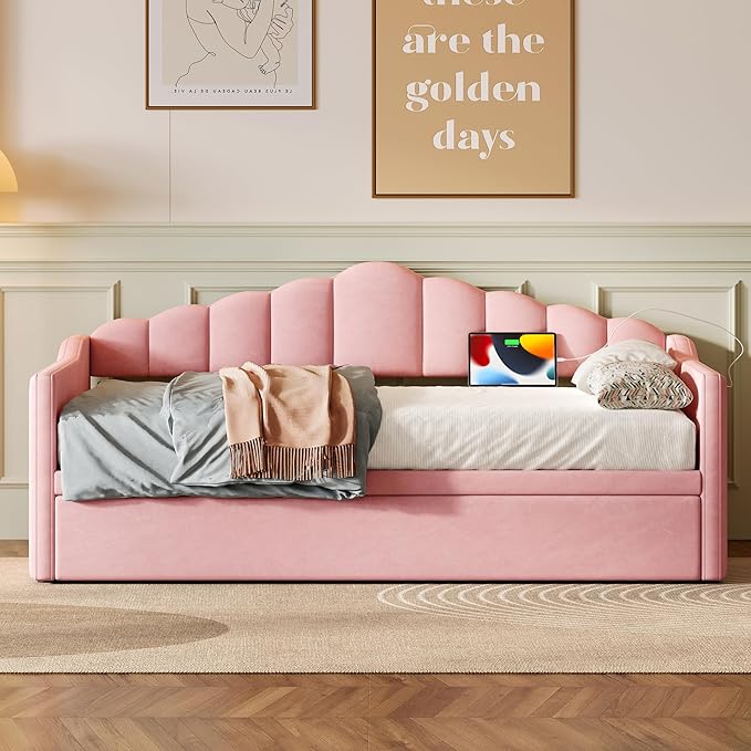 Bellemave Upholstered Twin Daybed with Pop Up Trundle USB &amp Type-C Charging Ports 2 Side Pockets No Box Spring Needed Velvet Modern Day Bed Frame (Pink)