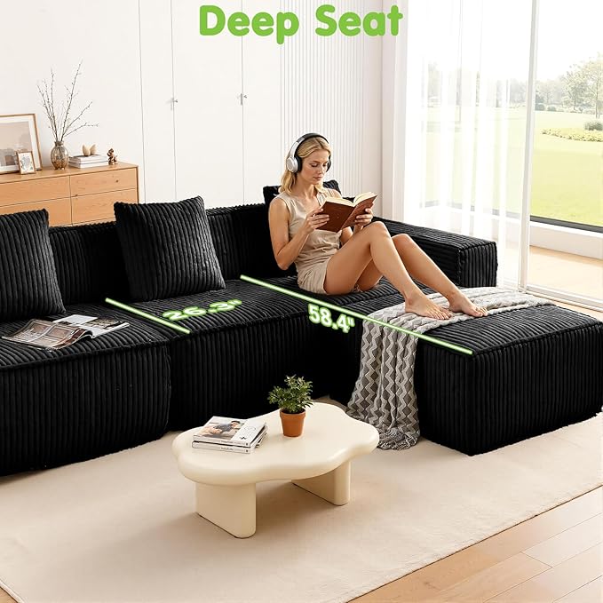 149.6'' Boneless Couch Cloud Couch Sectional U-Shape Modular Sectional Sofa Convertible Corduroy Sleeper Sofa Bed Upholstered Couches for Living Room No Assembly Required