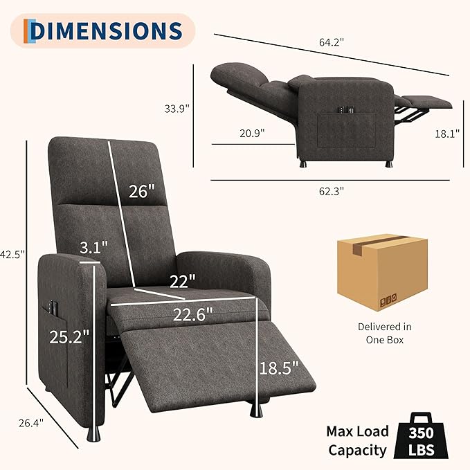 GarveeHome Power Recliner Chair Adjustable Electric Recliner Ergonomic Overstuffed Single Sofa Tall Back Padded Seat 2 Side Pockets and USB Port Home Theater Seating for Living Room