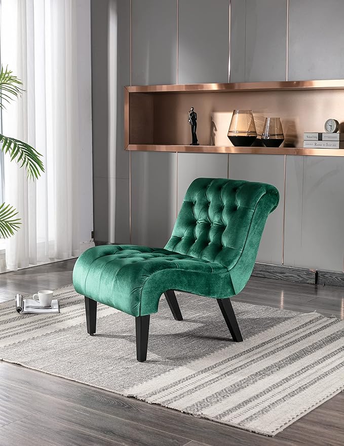 Green Velvet Accent Chair Comfortable Armless Chair with Upholstered Velvet Foam Cushion &amp Wooden Legs for Living Room Bedroom Office