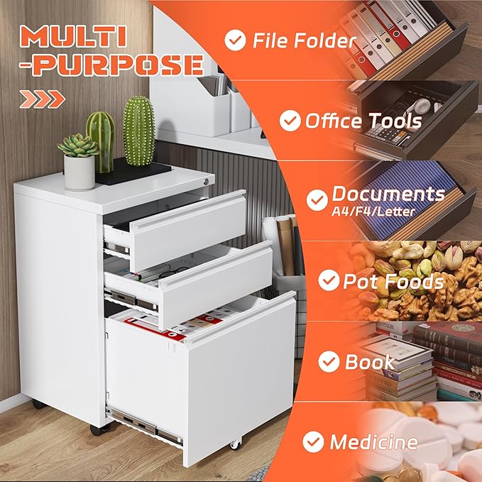 INTERGREAT 3 Drawer Mobile File Cabinet with Lock Metal Filing Cabinets for Home Office Rolling Under Desk Organizer for Letters/Legal/A4 (Fully Assembled-White)
