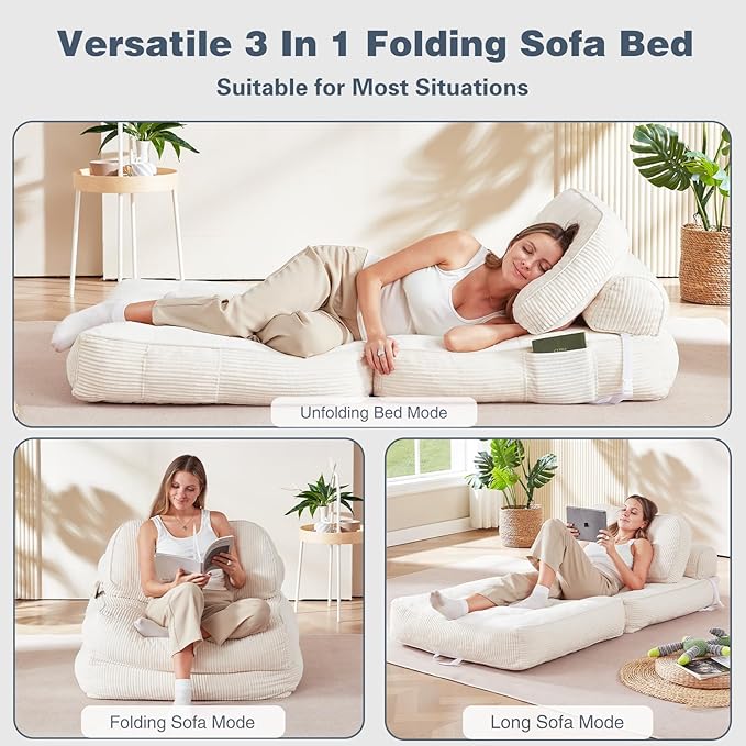 Folding Sofa Bed Flannel Futon Couch Bed with Pillow and Blanket Convertible Sleeper Chair for Living Room Bedroom White