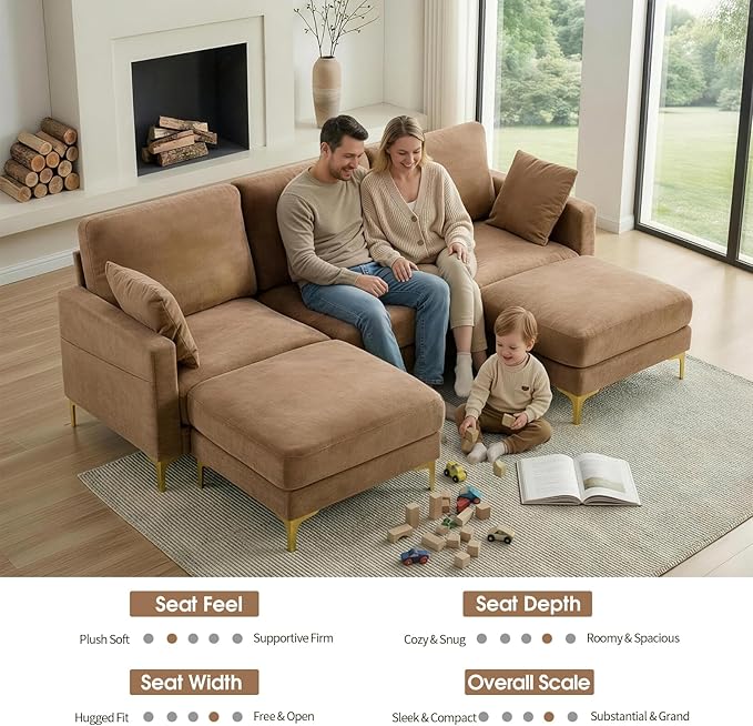 VINGLI 100 W U Shaped Couch with Ottoman 22 Deep Seat Comfortable Sectional Couches for Living Room 3 Seater Chenille Fabric Cloud Sofa for Apartment Small Spaces Bedroom Khaki