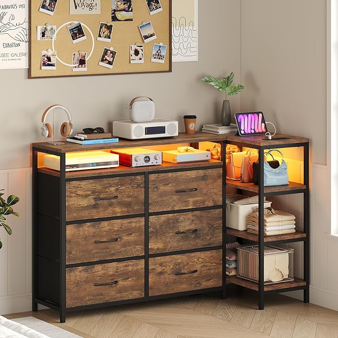 BTHFST TV Stand for Bedroom with Charging Station and LED Lights Entertainment Center for 60 Inch TV with 6 Fabric Drawers TV Console with Open Shelf for Living Room Rustic Brown