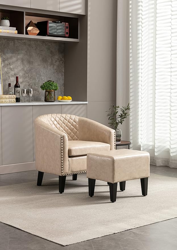 Accent Chair with Ottoman Mid Century Modern Barrel Chair Upholstered Club Tub Round Arms Chair for Living Room