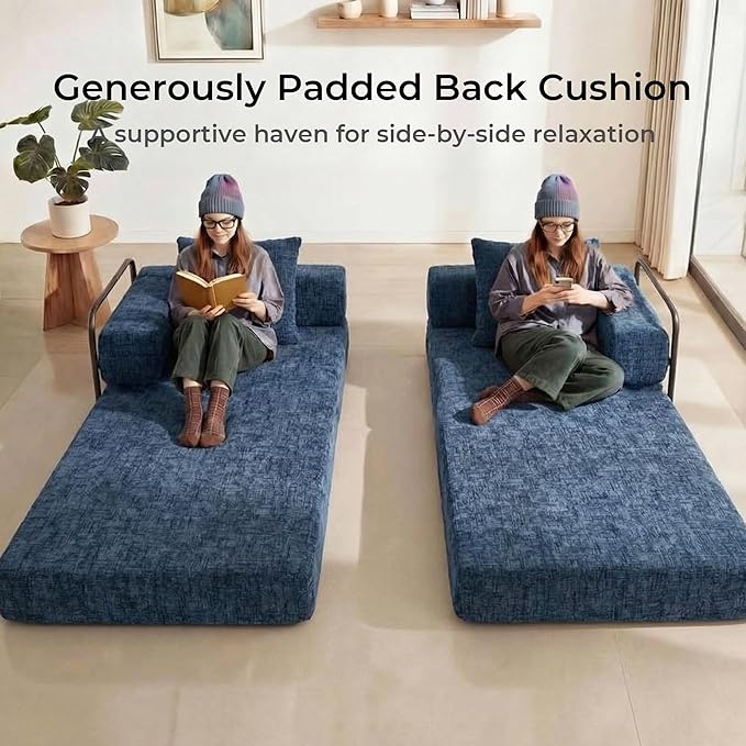 WELAX 77 Convertible Sleeper Sofa Bed Boneless Cloud Queen Futon Couches with 2 Pillows &amp Removable Armrests Chenille Folding Floor Couch No Assembly for Bedroom Living Room Blue