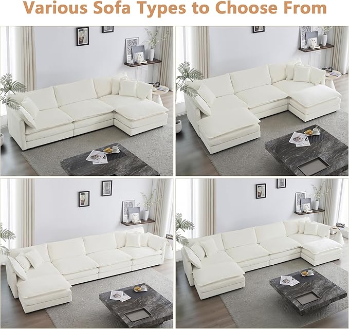 mikibama Luxury Modular Sectional Sofa 146.5 Modern Chenille Comfy Cloud Couches for Living Room Office 4 Seater Deep Sofa with 2 Armrest Pillows and 4 Toss Pillows Beige
