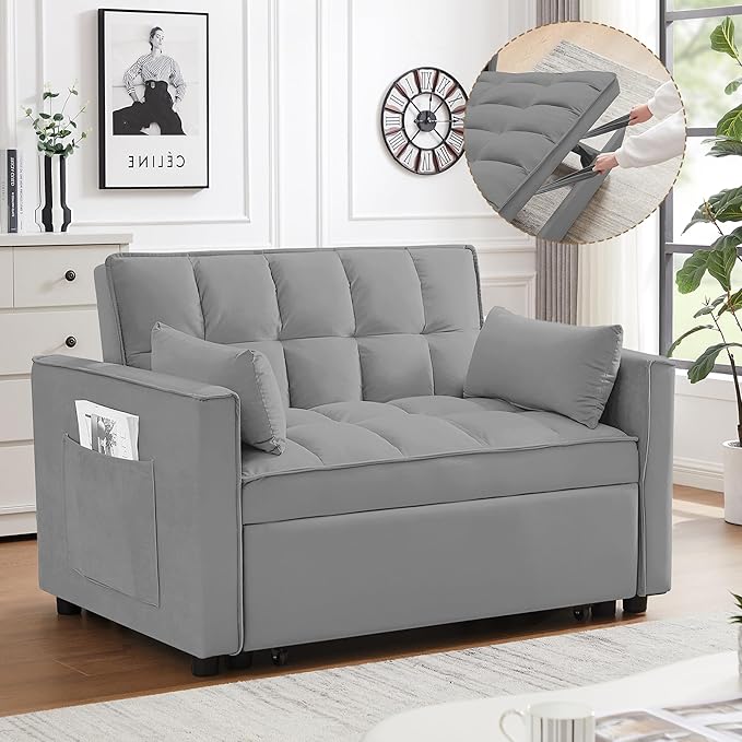 53.5 3-in-1 Convertible Sofa Bed Loveseat Couch With Pull-Out Bed Side Pockets And Adjustable Backrest Suitable For Living Rooms Apt And Offices Velvet Fabric Recliner SofaS Bed(gray 53.5)