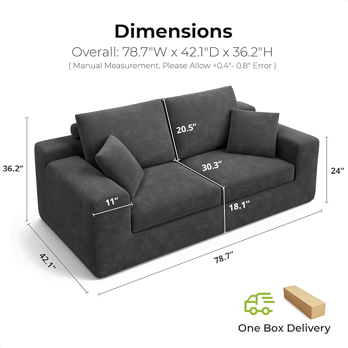 LIKIMIO Loveseat Sofa in a Box 78 Cloud Boneless Couch for Living Room with 30 Comfy Deep Seat Modern Upholstered Corduroy Sofa for Apartment Home Office No Assembly Dark Grey