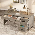 GarveeHome Farmhouse Executive Desk with Drawers 53.54 in Home Office Desk with Charging Station Wooden Computer Desk with File Cabinet Storage for Work Study Writing Rustic Gray