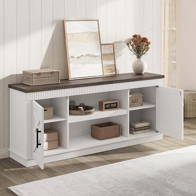 GarveeHome Farmhouse TV Stand for 70/75 in TVs 65 in Long Entertainment Center w/ 2 Door &ampOpen Storage Shelf Rustic Fluted Television Consoles Stands for Living Room Bedroom