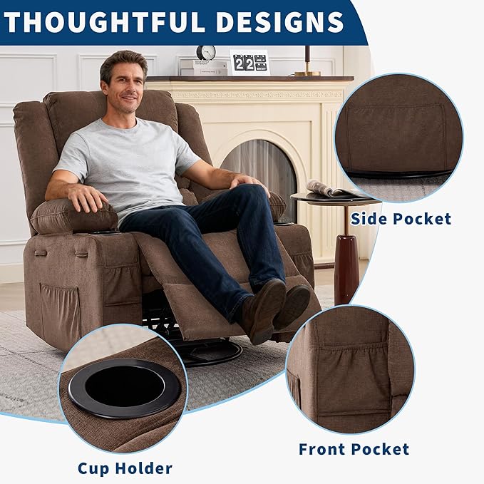 360° Swivel Recliner Chair for Adult Linen Rocker Chair with 3 Positions/2 Side Pockets/Cup Holders Manual Nursery Glider Rocking Chair for Bedroom Living Room Office
