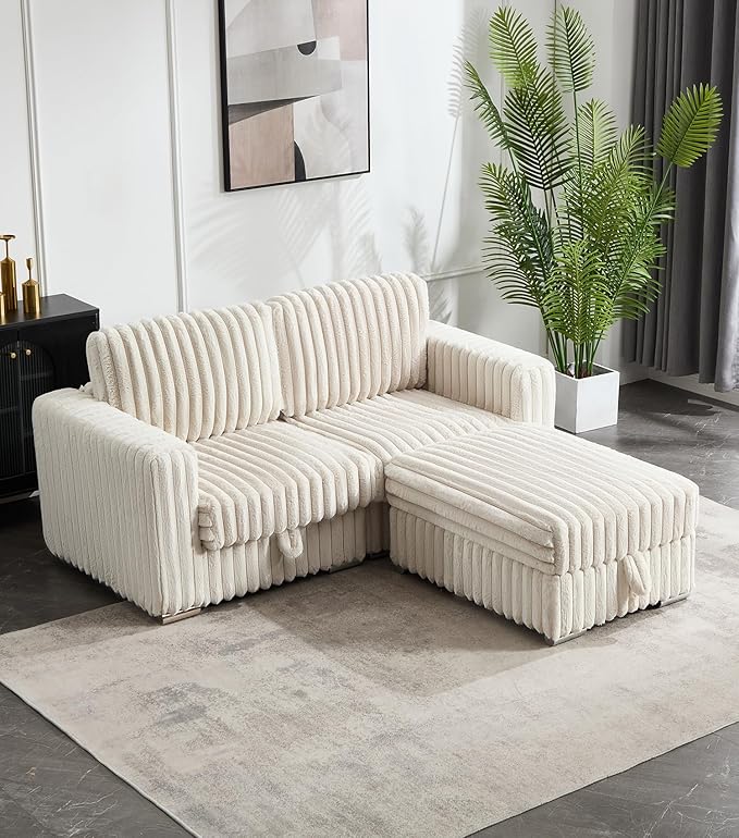 Tbfit Modular Sectional Sofa with Storage Ottoman Corduroy Cloud Couch 73 W &amp 101 W Convertible Love Seat for Small Spaces L-Shaped Sofa for Living Room Beige
