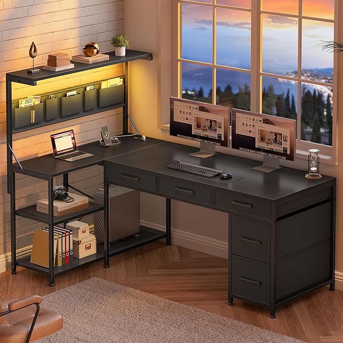 Itaar L Shaped Gaming Desk with 5 Drawers and Storage Shelves Reversible Computer Desk with Bookshelf for Home Office L Shaped Corner Desk with LED Lights Power Outlets and Storage Bag Black