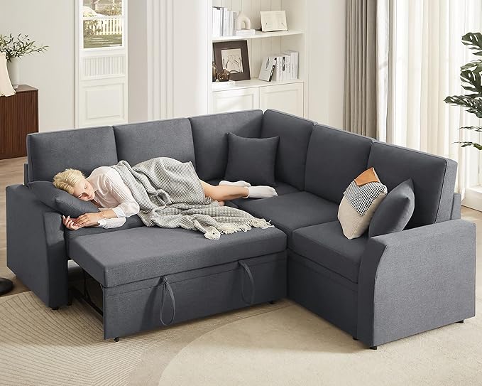 AMERLIFE Sofa Bed 85 Inch Reversible L Shape Couch with Pull Out Bed &amp Storage Seat Oversized Sectional Sleeper Bed for Living Room Apartment Grey Linen Sleeper Sofa Couch