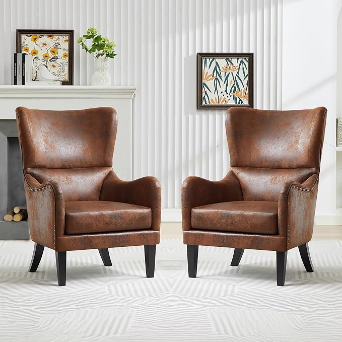 Mid-Century Modern Wingback Chairs Accent Club Chair with Nailhead Trim Faux Leather Armchair Sofa Reading for Living Room Single Sofa Armchair Office