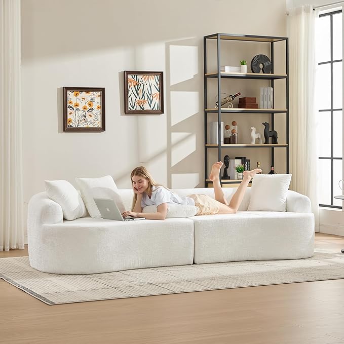 Curved Sectional Couch 110 Chenille Cloud Sofa with 4 Pillows 4-Seater Sleeper Sofa for Living Room Apartment Full Compression Sponge (Beige 110 Inch)