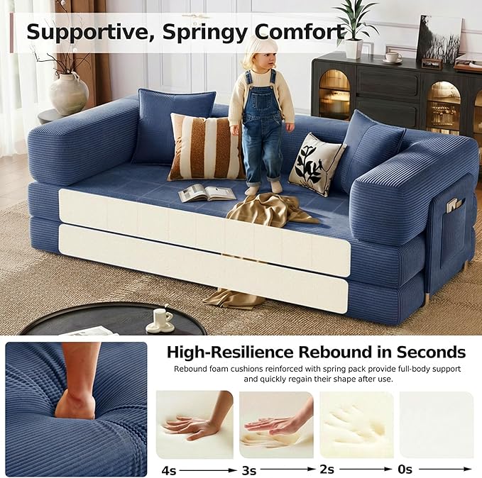 78.8 Boneless Sleeper Sofa BedConvertible Futon Couch with Storage Pocket and 2 PillowsModular Corduroy Sofa for livingroomSmall speaceBlue