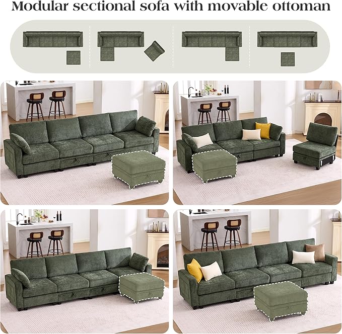 TUNYI 130 Sectional Couch with Storage Oversized Chenille Modular Sectional Sofa for Living Room Convertible Deep Seat Sofa Couches with Ottoman Armrest Pillow (Green)