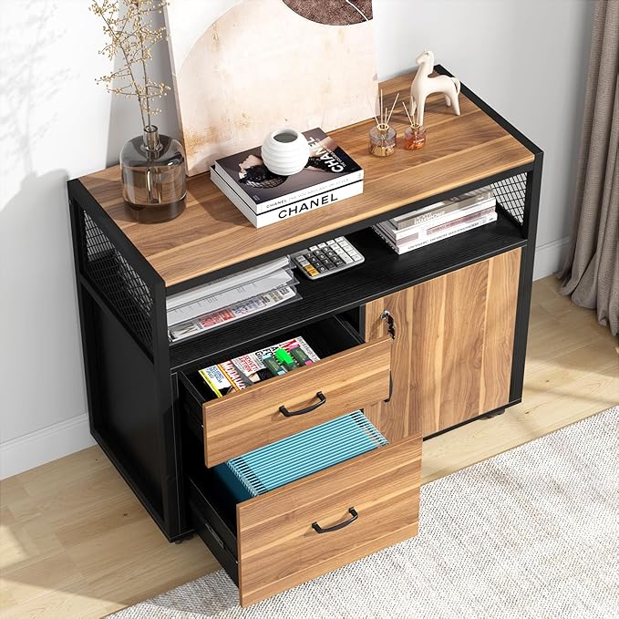 Tribesigns Modern File Cabinet with Drawers for Letter-Size Lockable lateral Filing Cabinet Printer Stand with Door&amp Caster for Home Office.Desk Not Included