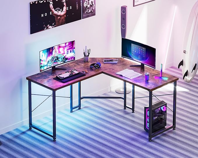 Casaottima 51 Inch L Shaped Gaming Desk Corner Table Sturdy Workstation for Home Office Writing Gaming Computer Desk for Small Space Easy Assembly Rustic Brown