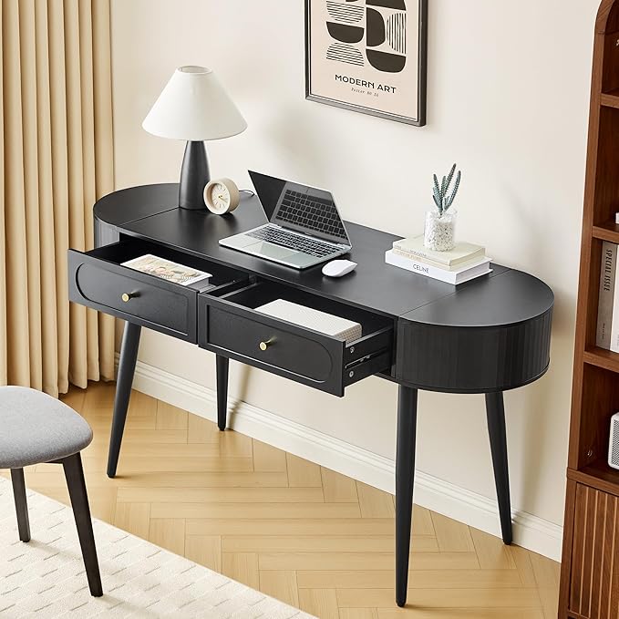 Practical 59 Wood Writing Desk Home Office Laptop Desk with 2 Flip Hide Storage + 2 Drawer MCM Elegant Fluted Multifunctional Study Desk for Apartment Bedroom (Black)