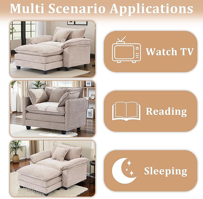 Gexpusm Oversized Accent Chair with OttomanOversized Chaise Lounge Chair Indoor with Deep SeatReading Chair Comfy Chenille Sofa Couch Chair for Living Room Bedroom Modern Lounge Chair (Khaki)