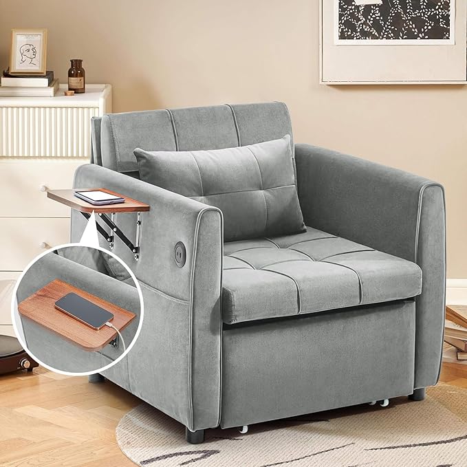 Convertible Sleeper Chair for Adults with Foldable Table USB Port &amp Bottom Storage Single Sleeping Sofa Bed for Living Room Guest Room Light Gray
