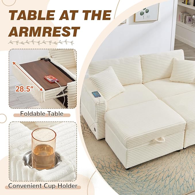 Chaise Lounge Chair Indoor 68 W Corduroy Loveseat Sectional Couch with Sorage Ottoman/Wing Table/Charge Ports/Cup Holder Modern Comfy Deep Seat Reading L-Shape Sofa for Living Room White