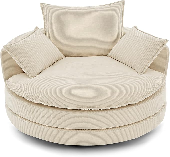 360° Swivel Sofa Chair with Dual-Layer Cushion Design 57.5 Swivel Round Accent Barrel Chair with 3 Removable Pillows for Living Room Office and Hotel (Beige//261)