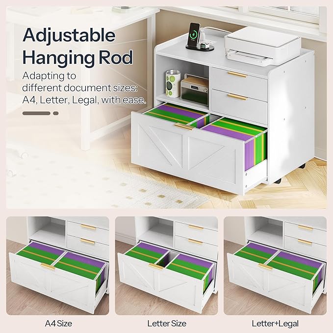 HOOBRO Lateral File Cabinet Wooden Office Storage Drawers with Charging Station Filing Cabinet for Home Office A4/Letter/Legal-Sized Files Printer Stand with Open Storage Spaces White WT37UWJ01