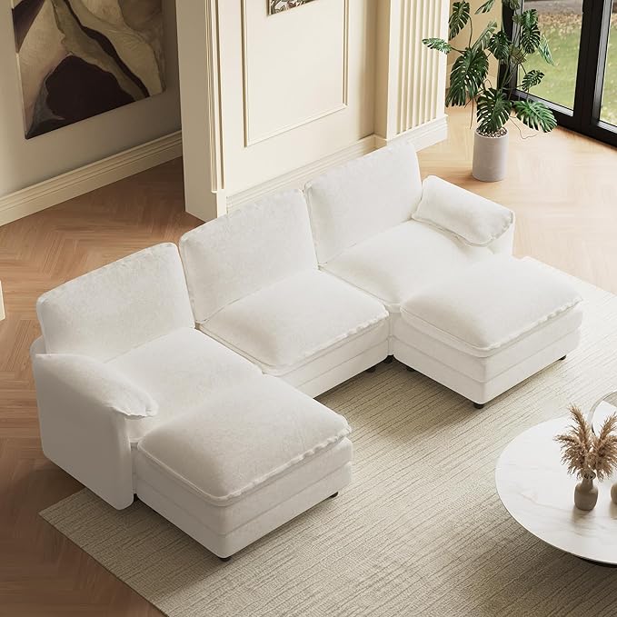 114 U Shaped Cloud Couch Sectionals Comfy Beige White Sectional Couches for Living Room Modern Fluffy Oversized Modular Sofas with Ottoman Chenille Large Big 5 Seat Sofa Set