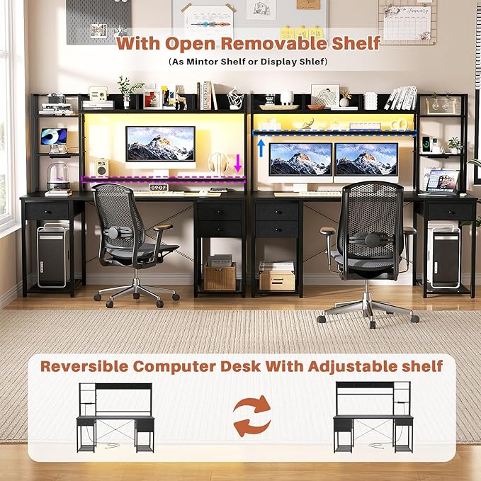 Aheaplus Desk with LED and Outlets Gaming Desk with Hutch 55.2'' Computer Desk with Drawers Reversible Office Desk with Storage Bookshelf Large Workstation Desk with Shelf Desk for Home Black
