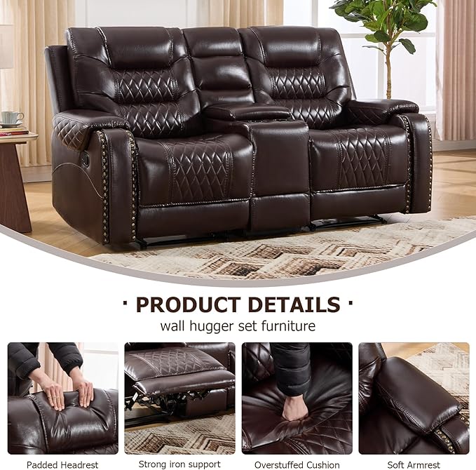 EBELLO Manual Reclining Loveseat Faux Leather Double Recliner Sofa with Center Console Hidden Storage &amp Cup Holders Vintage Rivet Mid-Century Modern Design for Living Room Dark Brown