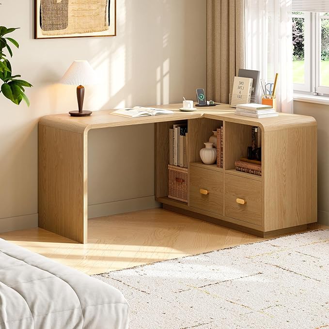 ONBRILL 58 Executive L Shaped Desk Home Office Desk with File Drawers Computer Desk with Power Outlets and Storage Shelves Corner Computer for Home Office (Natural Oak)