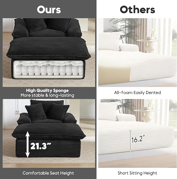 Oversized Chaise Lounge Chair Boneless Sofa Couch Upholstered Lounge Sofa Chair with Ottoman Indoor Corduroy Deep Seat Sleeper Chair for Living Room No Assembly Required Black
