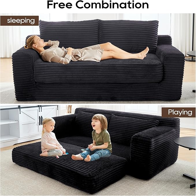 70.87 W Memory Foam Cloud Loveseat Sofa 2 in 1 Convertible Folding Couch Bed No Assembly Compressed Corduroy Floor Lounge Sofa for Apartment Office Bedroom Living Room Small Spaces